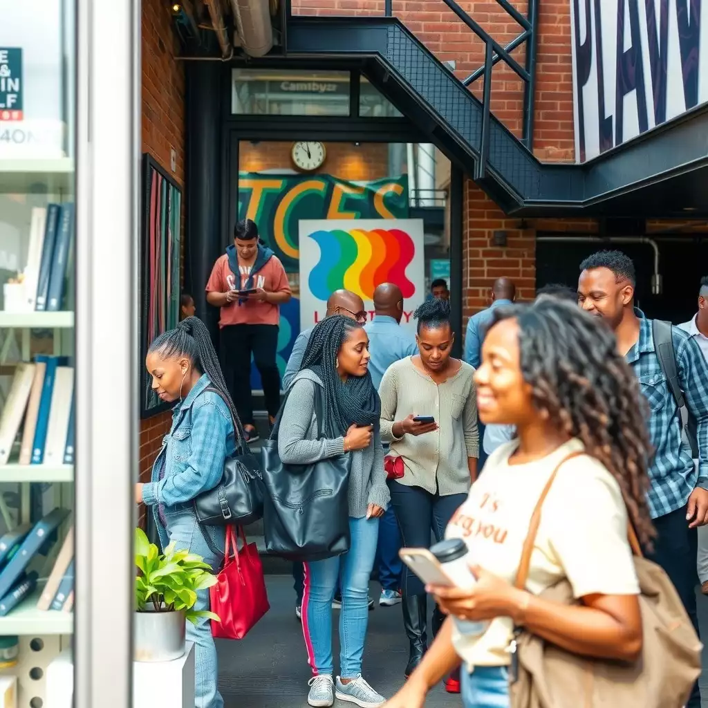 A vibrant urban scene in Brooklyn showcasing diverse individuals collaborating in modern workspaces, highlighting creativity and community engagement.