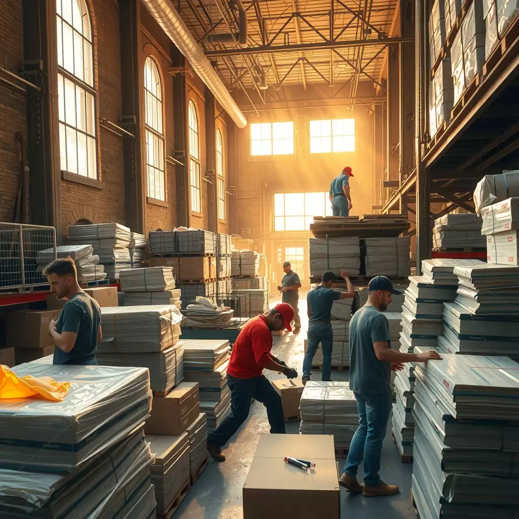 A bustling warehouse scene in Brooklyn, showcasing workers engaged in various tasks amidst stacks of goods, with sunlight illuminating the rugged interiors, highlighting the vibrant industrial atmosphere.