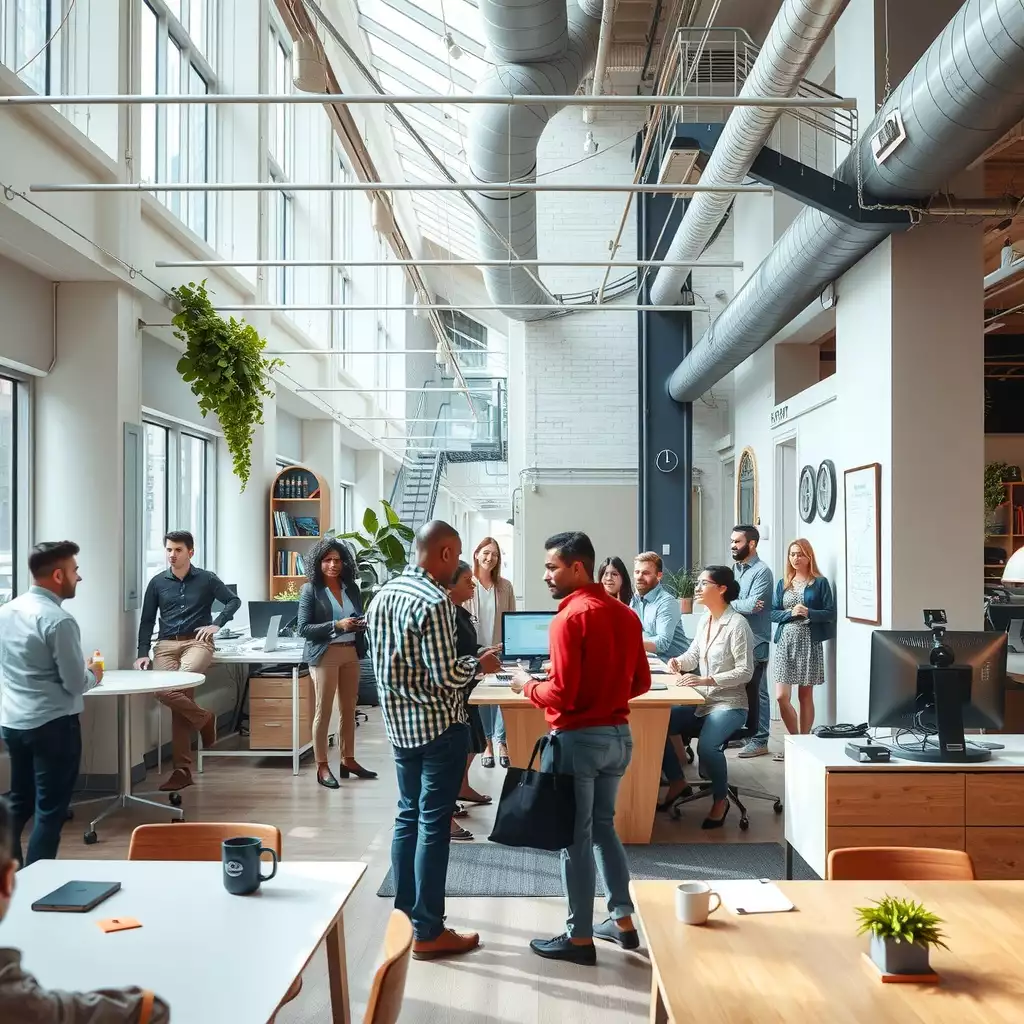 A vibrant modern office space in Brooklyn featuring diverse professionals engaged in collaborative discussions, showcasing innovative workspaces and elements of local culture.