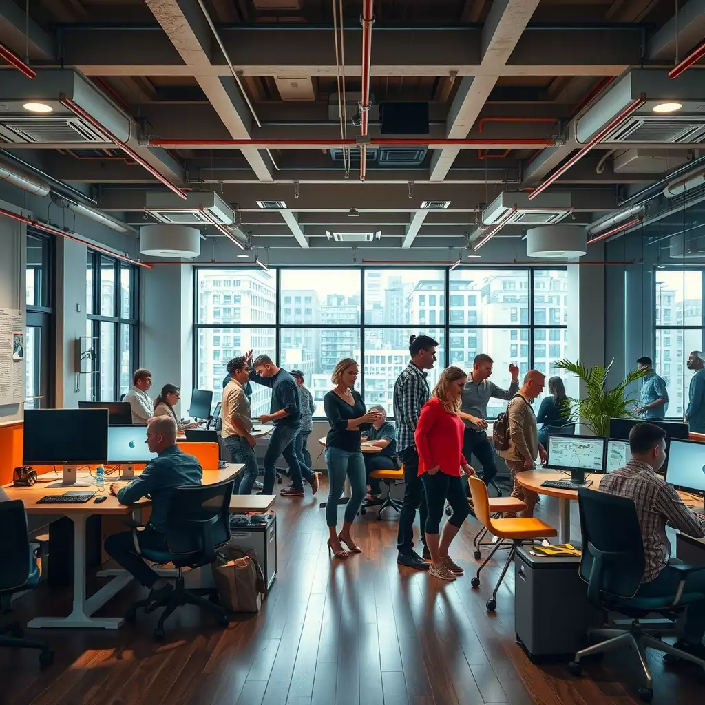 A vibrant workspace in a modern advertising agency, showcasing creative teams engaged in brainstorming sessions and utilizing cutting-edge technology, reflecting collaboration and energy.