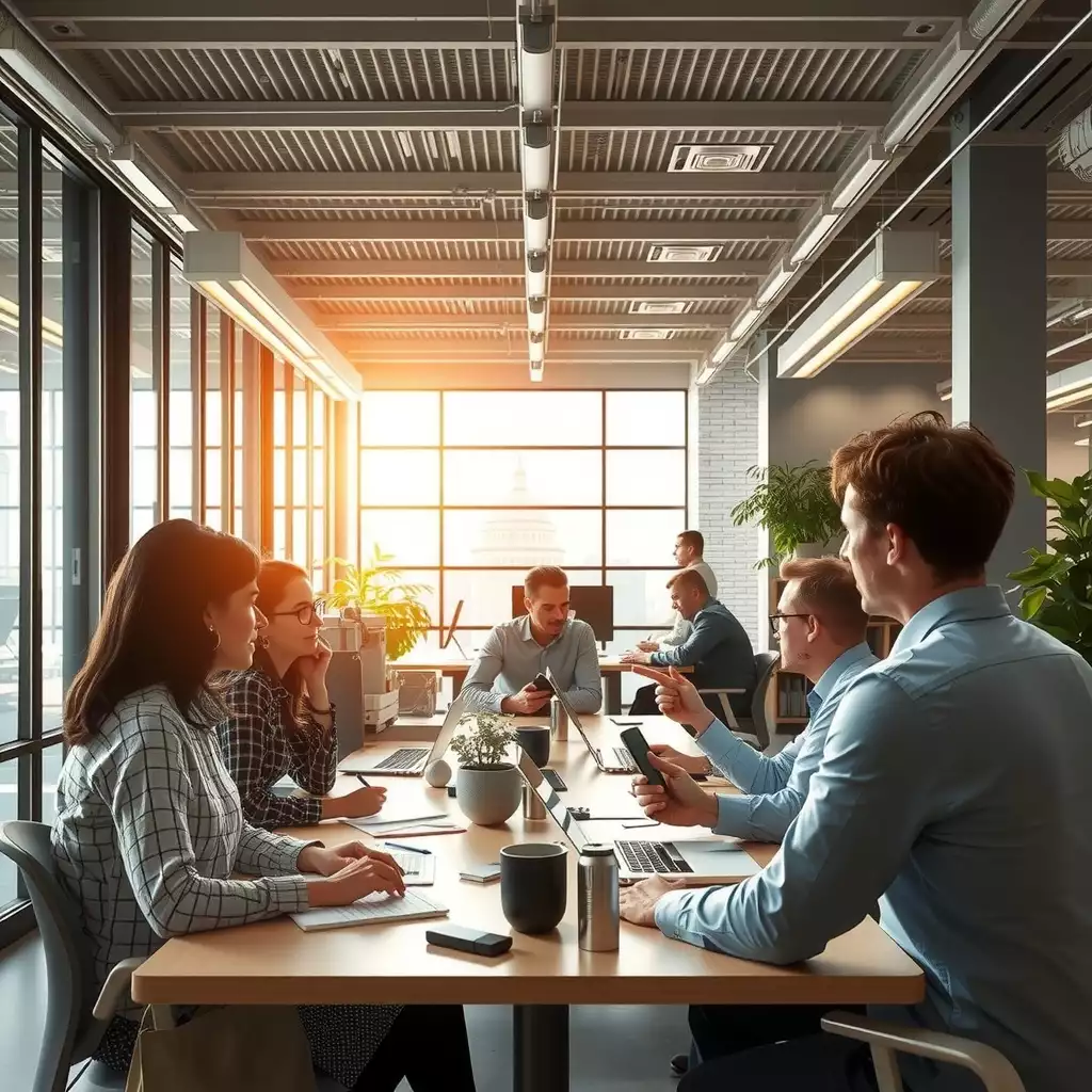 A vibrant office scene depicting professionals collaborating and engaging in discussions, showcasing themes of resilience and adaptability in a modern workplace.