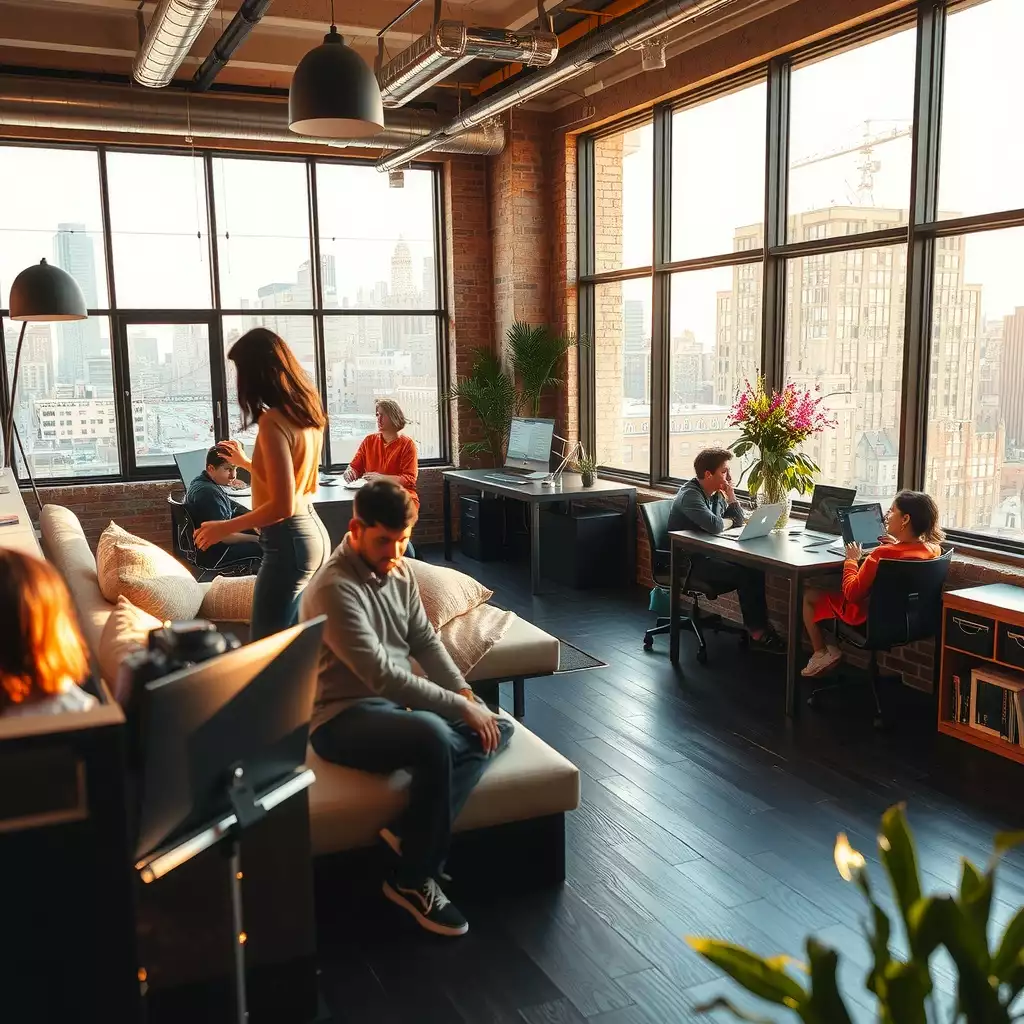 A vibrant workspace in Brooklyn featuring diverse professionals collaborating, modern decor reflecting local culture, and bright natural light streaming through large windows.