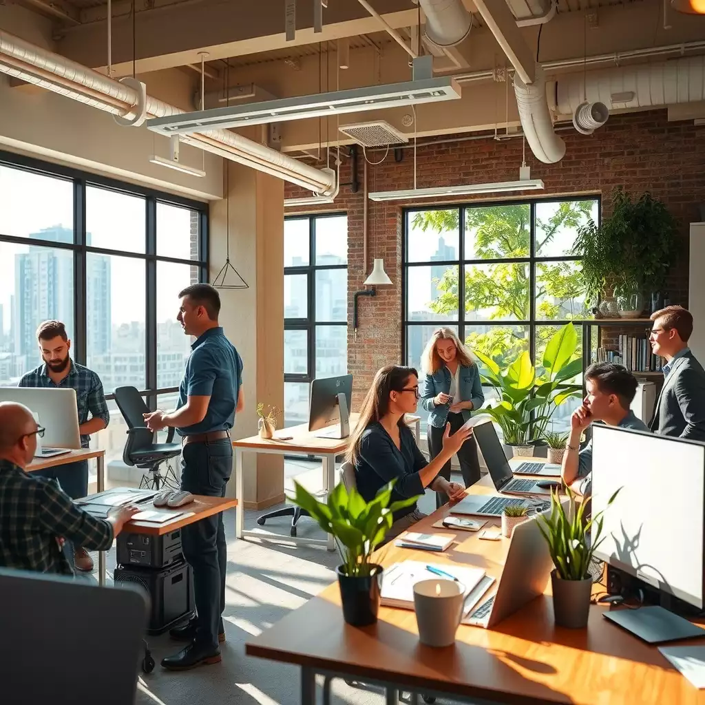 A vibrant workspace in Brooklyn featuring diverse professionals collaborating with modern technology, showcasing creativity and innovation.