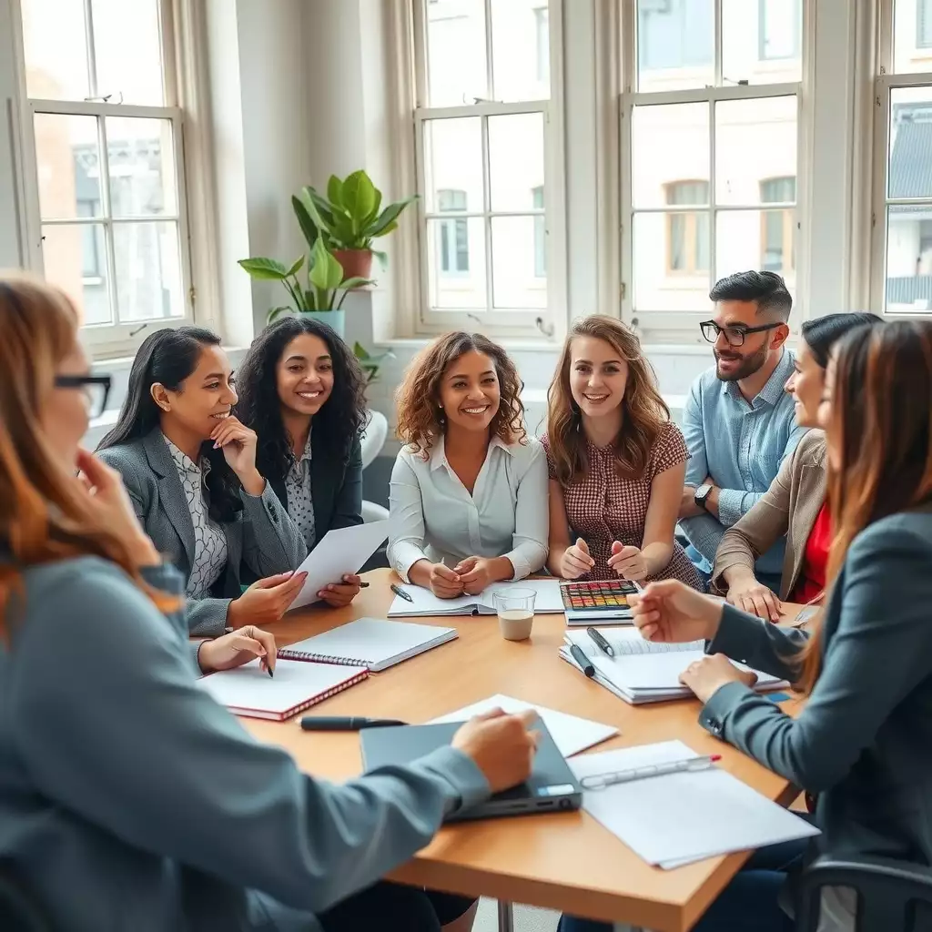 A vibrant coaching session featuring diverse managers engaged in collaborative discussions and role-playing exercises, set in a modern workshop filled with natural light. The image captures dynamic group interactions, thoughtful expressions, and materials symbolizing effective communication, highlighting themes of growth and professional development.