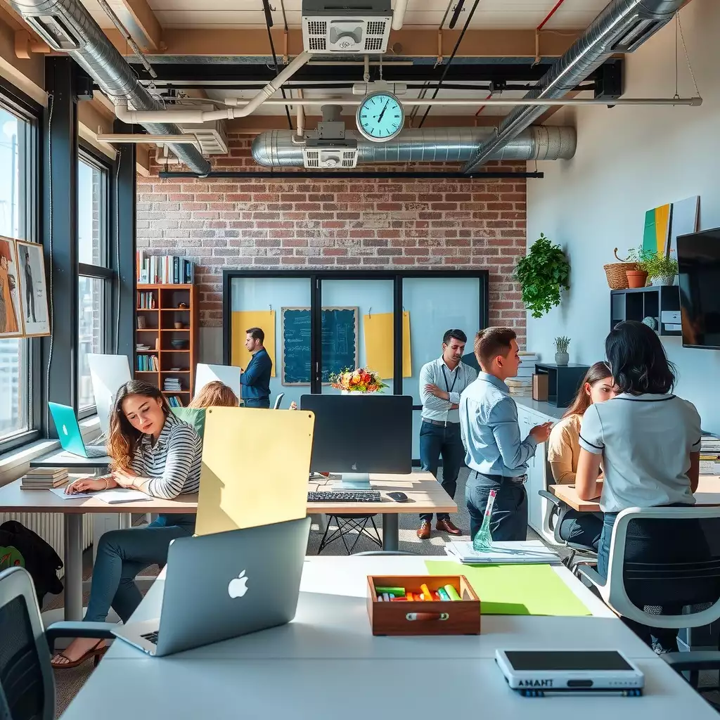 A vibrant staffing agency office in Brooklyn, featuring engaged recruiters and diverse candidates in discussions, showcasing the dynamic atmosphere of the job market.