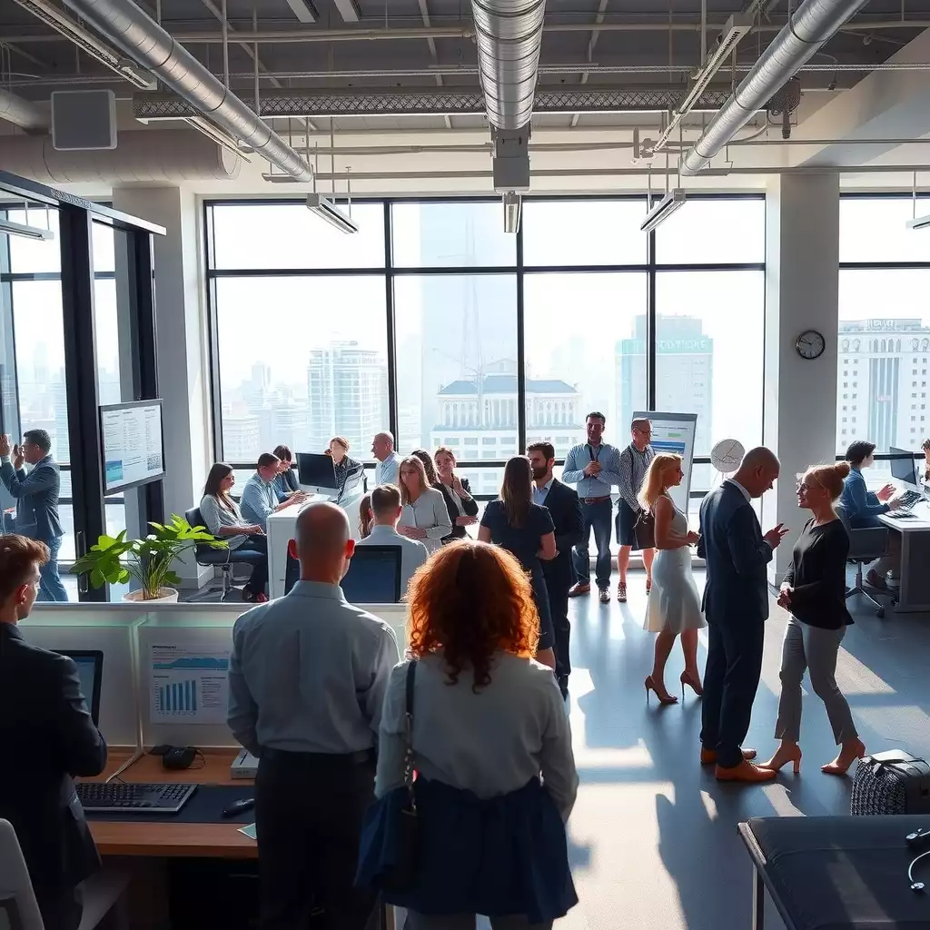 A vibrant office scene at a Brooklyn staffing firm, showcasing diverse professionals engaged in discussions within modern workspaces, highlighting collaboration and opportunity.
