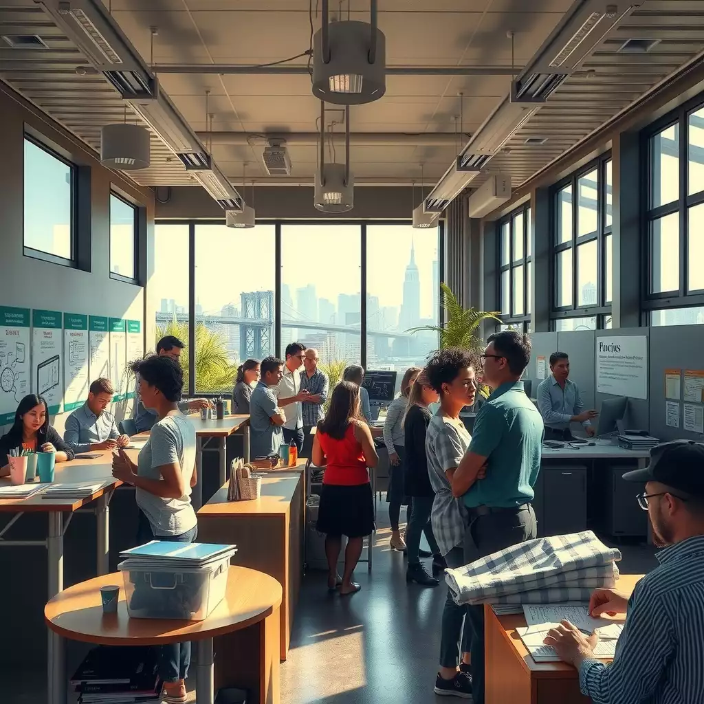 A vibrant Brooklyn workplace scene featuring engaged employees collaborating, informative signage about leave laws, and hints of iconic architecture in the background.