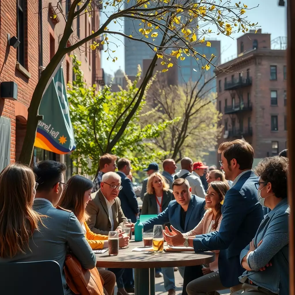 A vibrant community meeting in Brooklyn, showcasing diverse representatives from local agencies engaged in collaborative discussions, surrounded by urban greenery and iconic architecture.