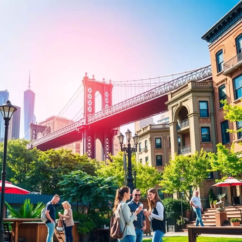 A vibrant Brooklyn scene showcasing people collaborating on contract changes, with the iconic Brooklyn Bridge and brownstone buildings in the background.