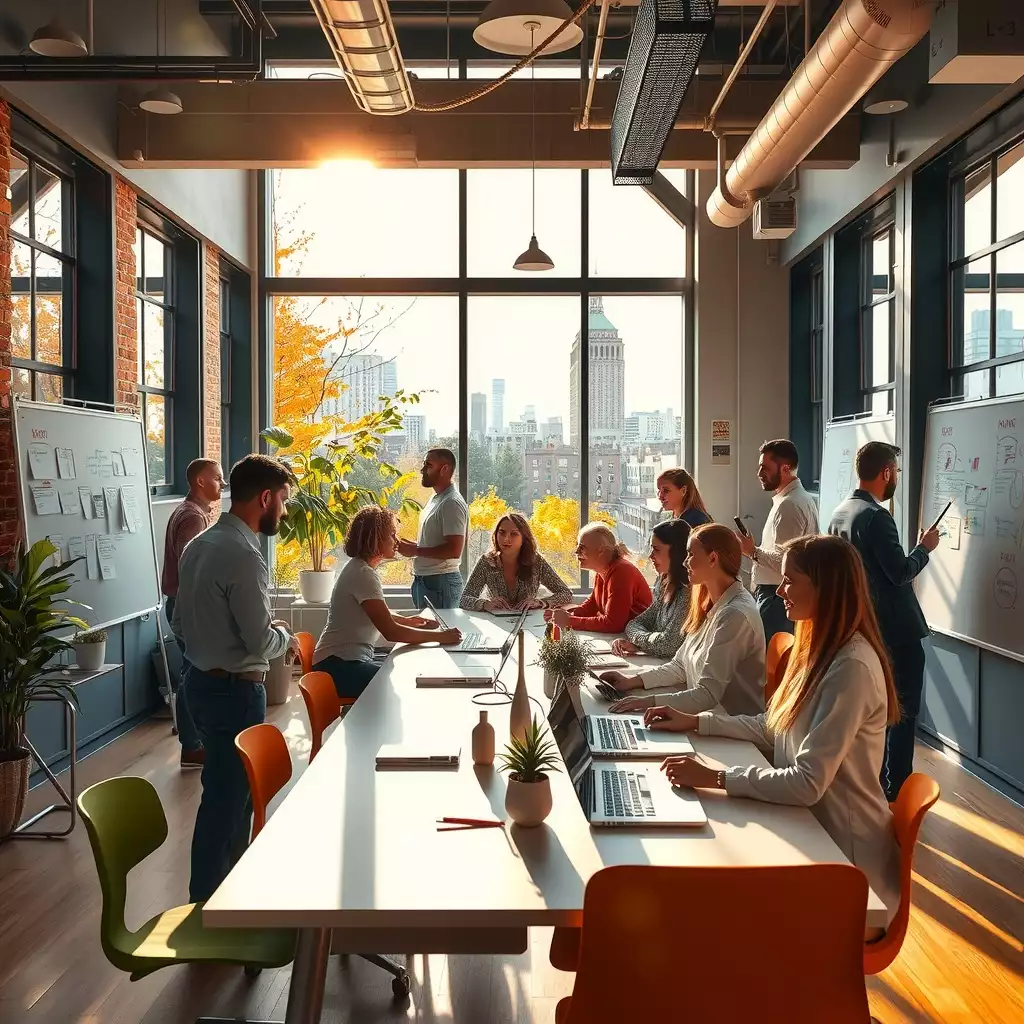 A vibrant collaborative workspace in Brooklyn, featuring diverse professionals engaged in brainstorming and discussions, with modern design elements and technology enhancing the interview coordination process.