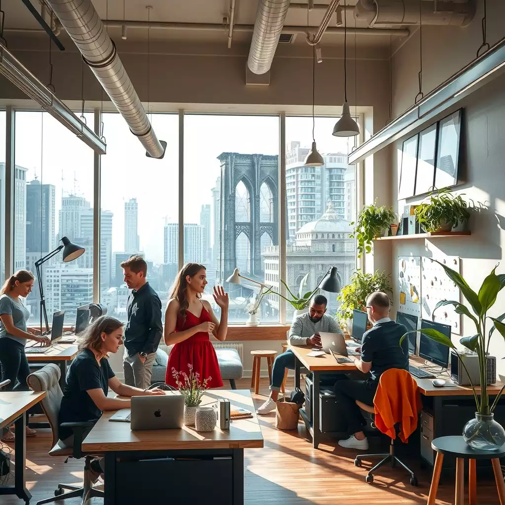 A vibrant urban workspace in Brooklyn featuring collaborative teams engaged in discussions, modern decor, and elements reflecting the city's unique culture.