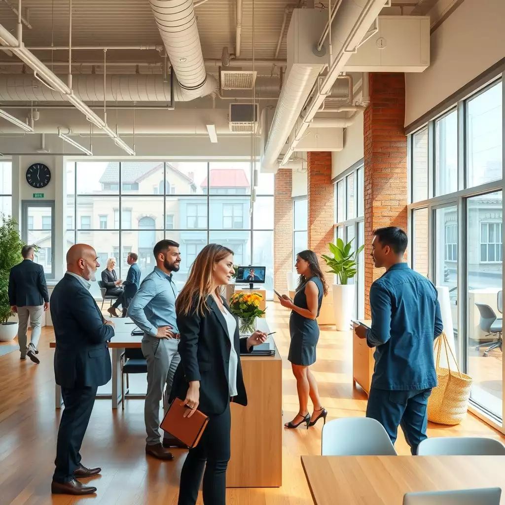 A vibrant office scene in Brooklyn featuring professionals engaged in collaborative discussions with staffing agency representatives, showcasing a diverse and dynamic work environment.