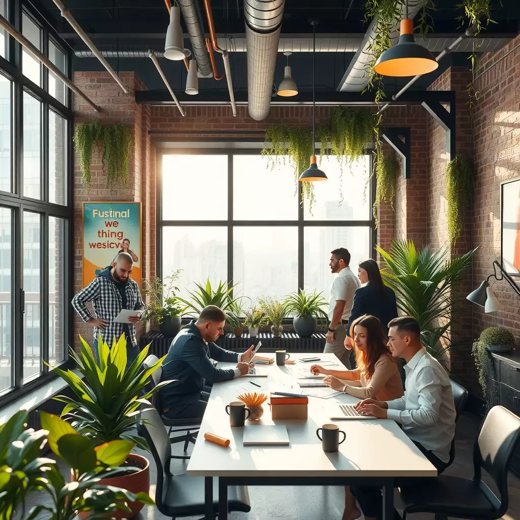 A vibrant urban workspace in Brooklyn, featuring professionals collaborating in a modern setting with large windows, greenery, and artistic design elements that reflect creativity and teamwork.