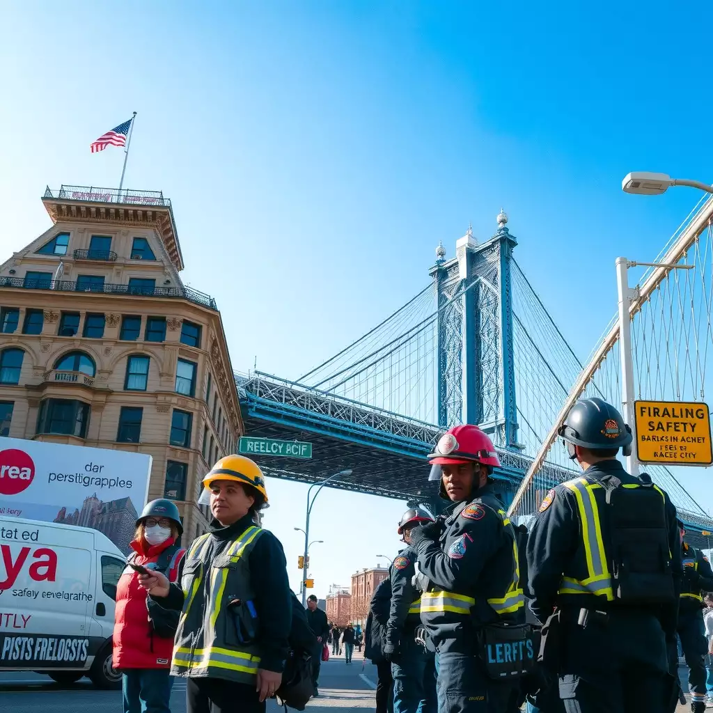 A collaborative scene showcasing emergency responders, community leaders, and local organizations engaged in discussions and training exercises, set against iconic Brooklyn landmarks, highlighting teamwork and public safety coordination.