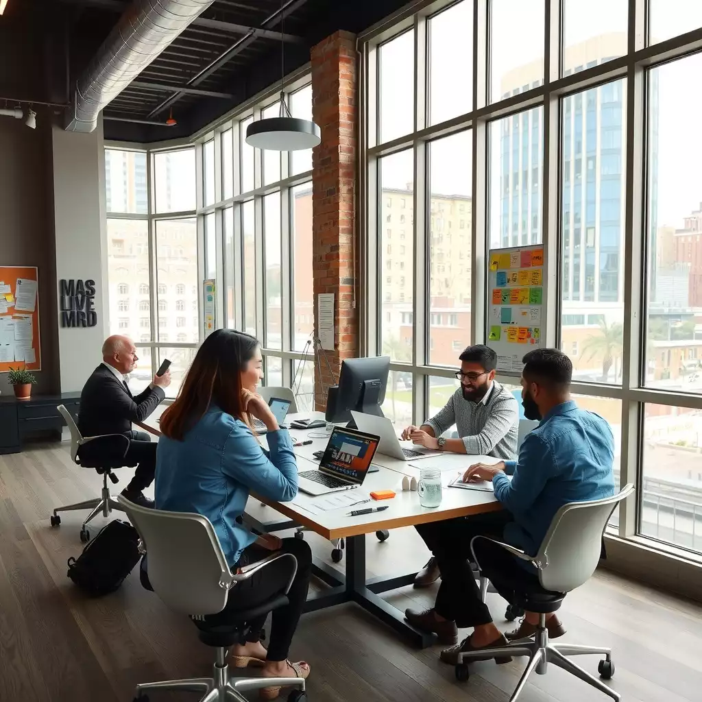 A modern open-concept workspace in Brooklyn featuring a dynamic team collaborating on document checklists, surrounded by colorful post-it notes, laptops, and inspiration boards, showcasing an atmosphere of creativity and innovation.