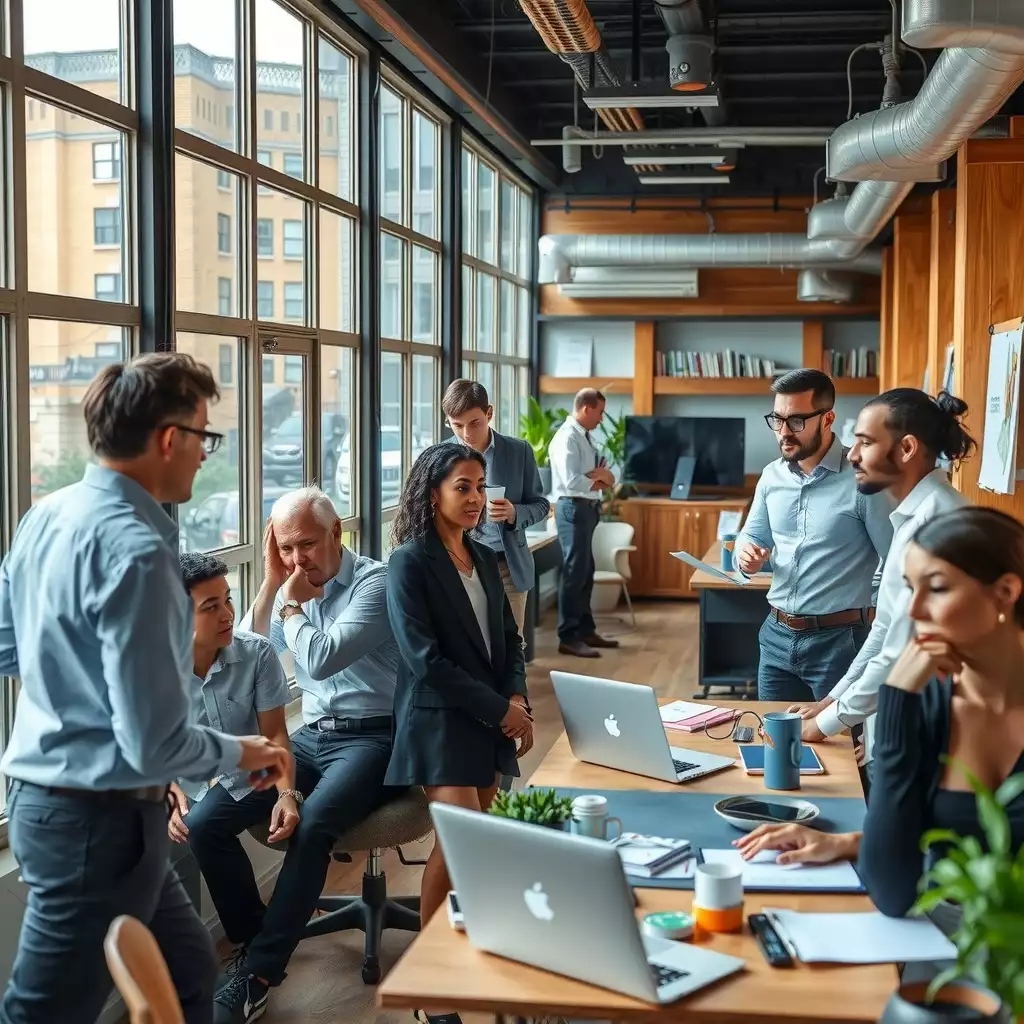 A vibrant office environment in Brooklyn featuring diverse professionals collaborating with modern technology and creative elements, showcasing teamwork and innovation.