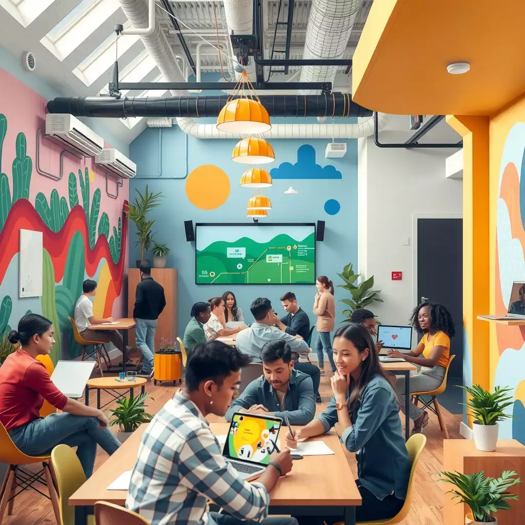 A vibrant co-working space in Brooklyn filled with diverse individuals collaborating, surrounded by modern architecture and colorful murals, embodying creativity and innovation.