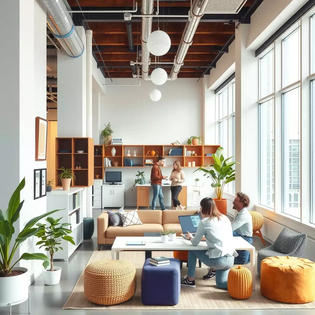 A modern workspace in Brooklyn featuring diverse employees collaborating in a bright, inviting office with stylish furniture and greenery.