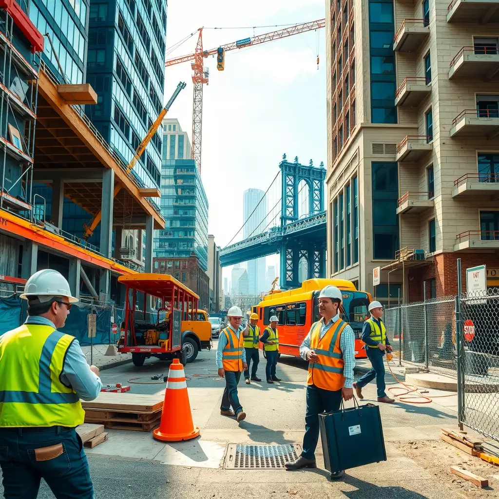 Dynamic urban construction scene in Brooklyn, featuring contractors overseeing workers on-site with the iconic skyline in the background, showcasing a vibrant and diverse workforce.