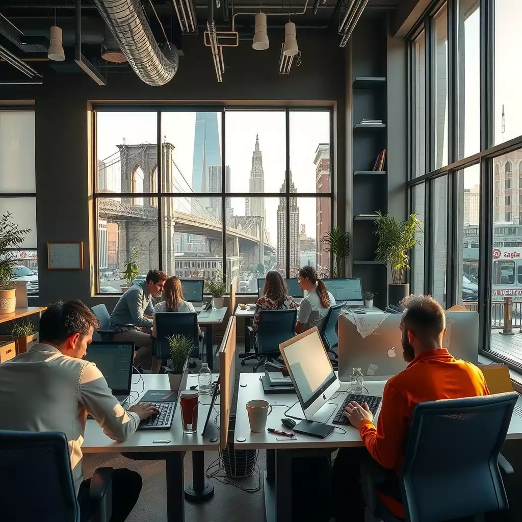 A vibrant coworking space in Brooklyn featuring agency workers collaborating at modern workstations, with iconic architecture visible through large windows.