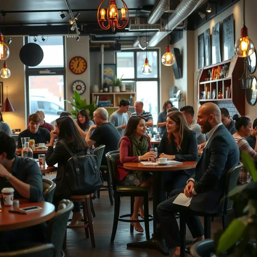 A bustling Brooklyn café scene featuring diverse individuals engaged in conversation, with artisanal coffee and unique decor reflecting the vibrant work culture.