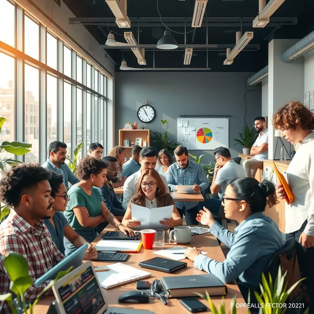 A vibrant office scene in Brooklyn showcasing diverse temp workers collaborating, discussing documents, and emphasizing time management with clocks and timecards, reflecting a sense of empowerment and community.
