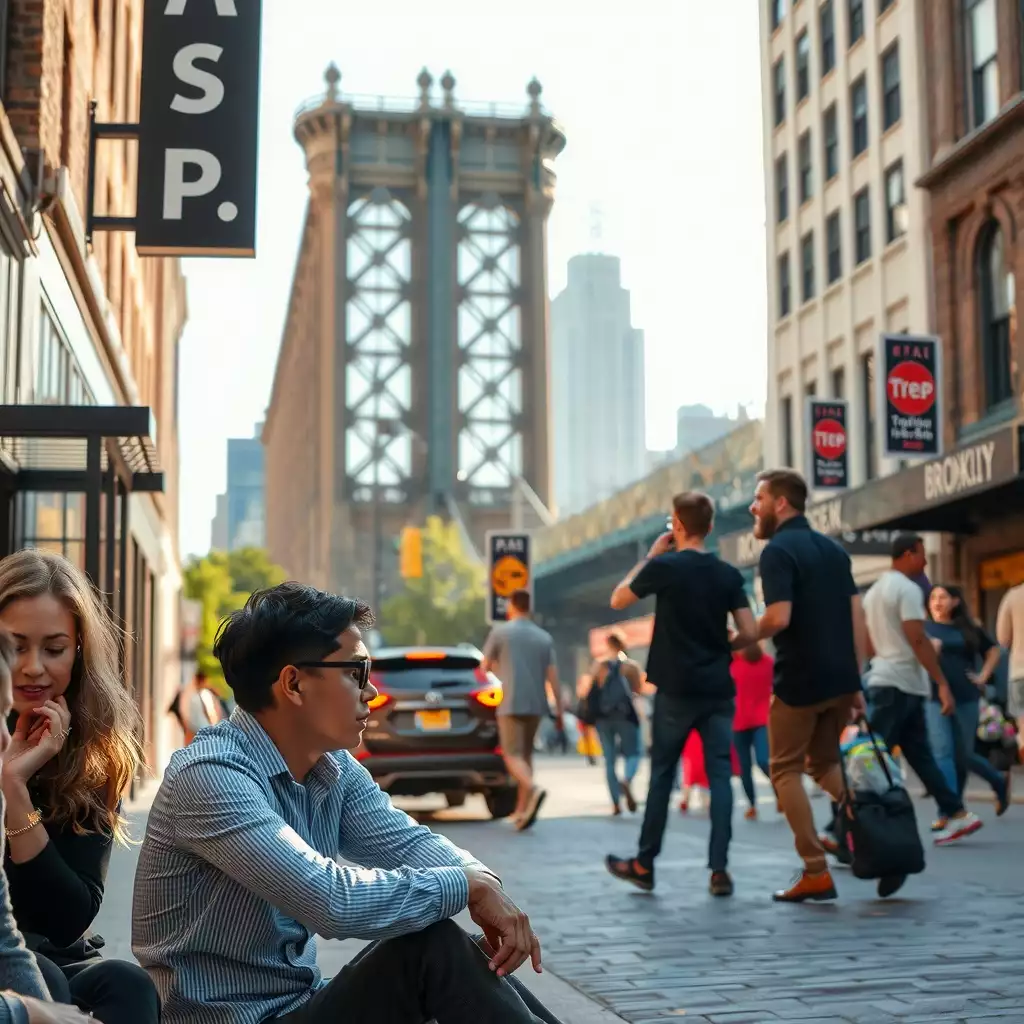 A vibrant scene depicting new employees engaging in collaborative activities on the streets of Brooklyn, showcasing the city's unique energy and diversity during the onboarding process. Iconic landmarks and moments of connection highlight a sense of community and support.