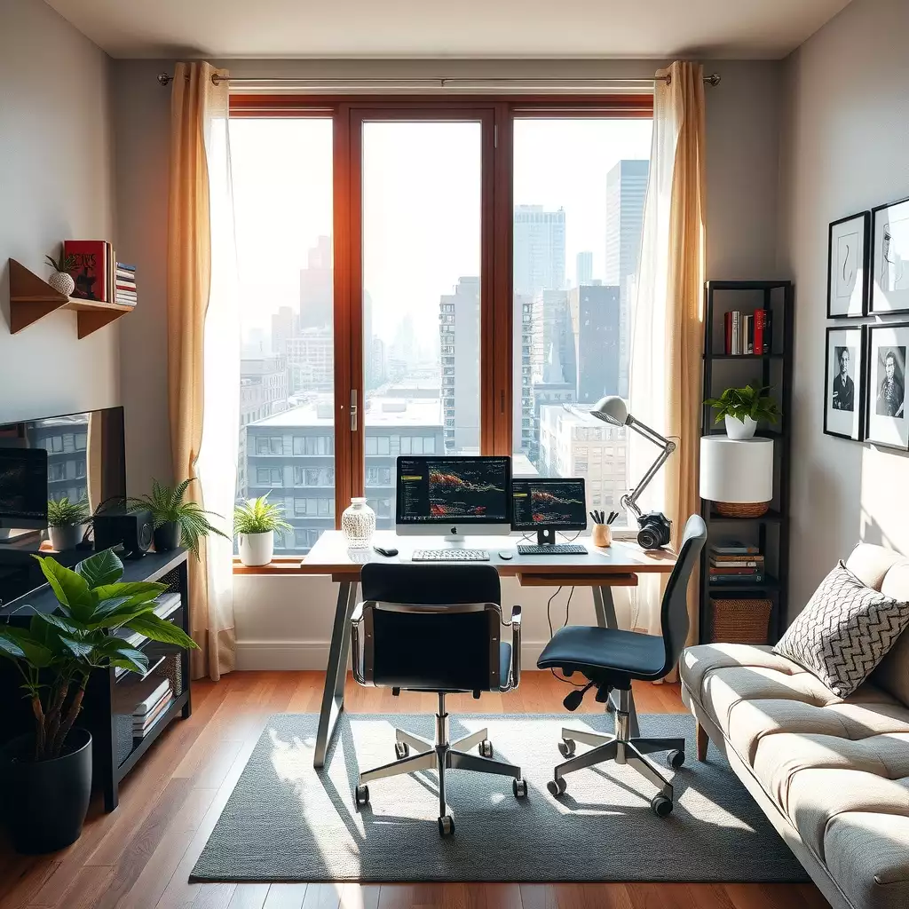 A modern home office with sleek technology and cozy decor, featuring a view of Brooklyn's urban landscape through the window, designed for remote work and virtual interviews.