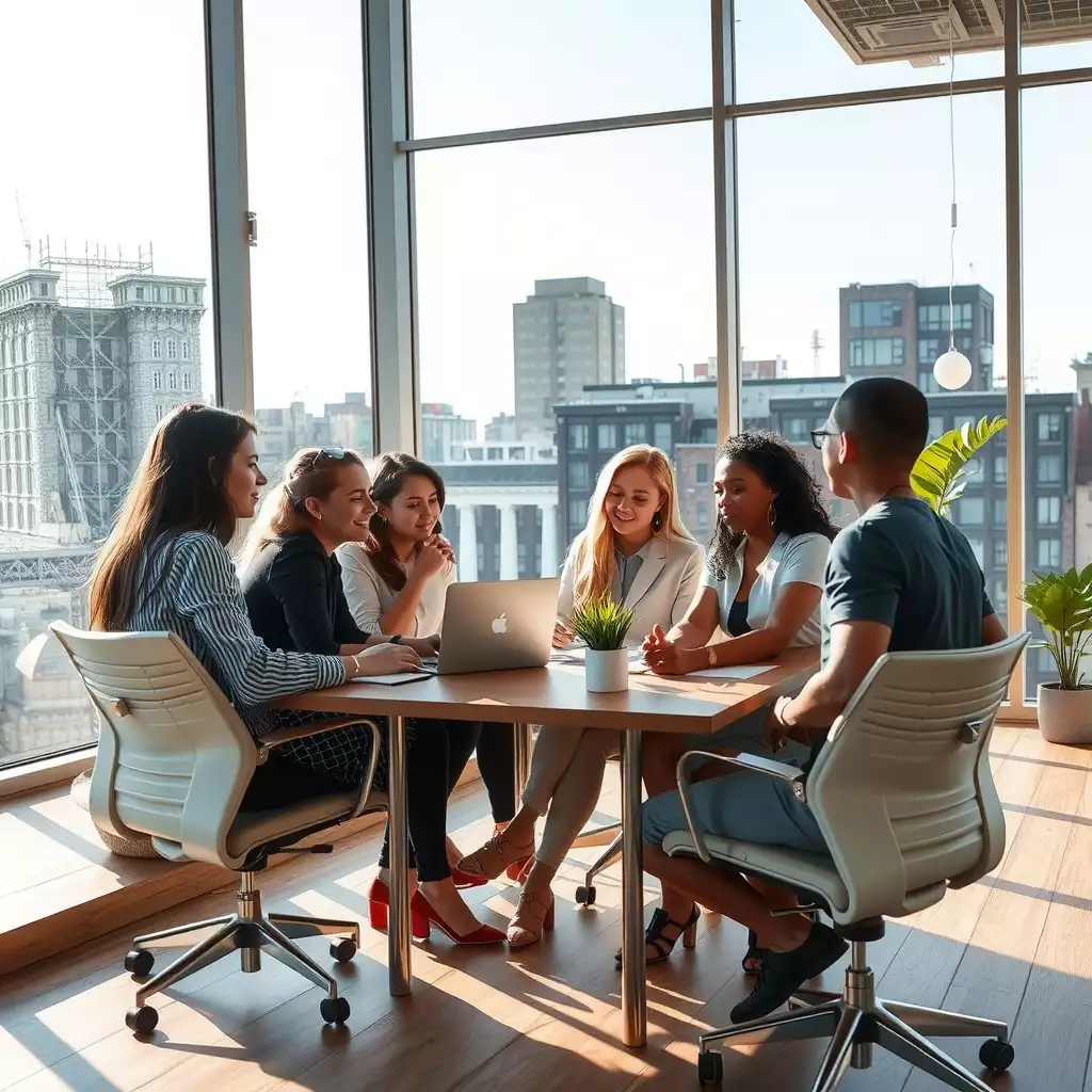 A vibrant office scene in Brooklyn showcasing employees engaged in a collaborative discussion, with large windows allowing natural light to illuminate the contemporary workspace and unique architectural elements in the background.