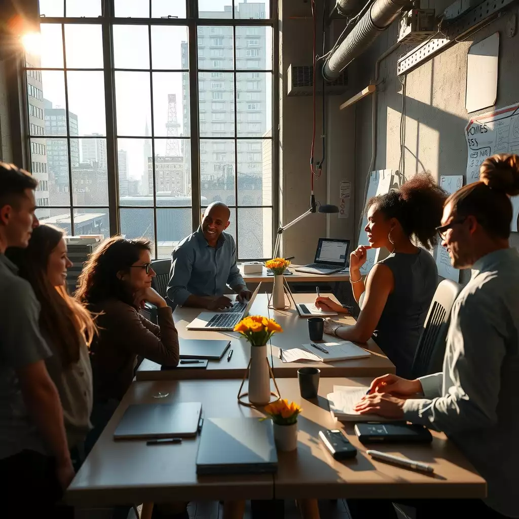 A vibrant urban office in Brooklyn filled with diverse professionals engaged in discussions, surrounded by high-tech tools and screens displaying AI data analytics, reflecting the dynamic intersection of technology and employment.