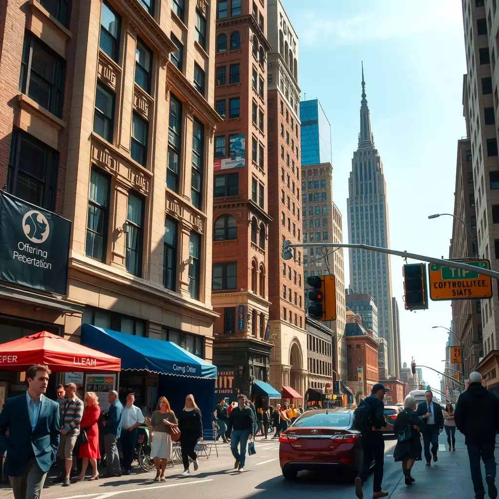 A bustling New York City street scene showcasing diverse temp workers navigating the city, with office buildings, cafes, and vibrant urban life.