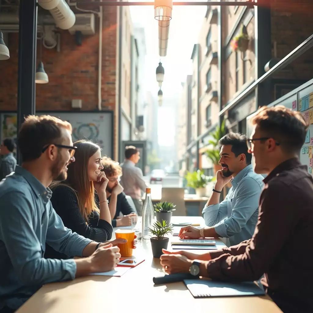 A vibrant workspace in Brooklyn featuring diverse teams collaborating over brainstorming sessions, colorful post-it notes on whiteboards, and elements of urban culture in the background.