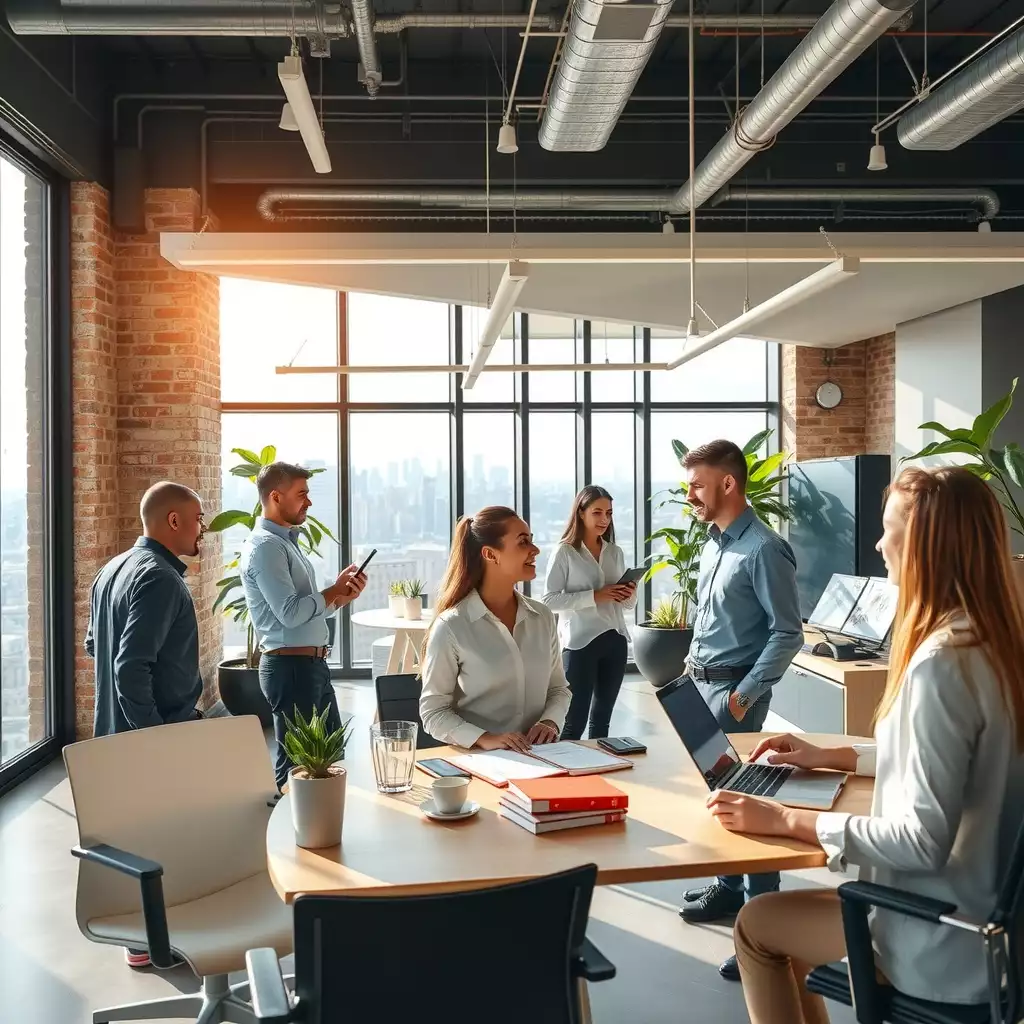 Modern recruiting workspace in Brooklyn featuring diverse professionals collaborating, high-tech recruitment tools, and iconic architecture, all emphasizing innovation and efficiency in candidate sourcing.