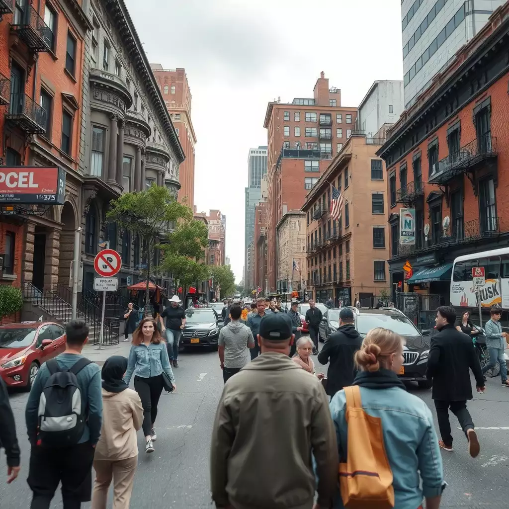 A bustling Brooklyn street scene featuring diverse individuals engaged in various professional activities, with a backdrop of iconic brownstones and modern buildings, evoking a sense of urgency and intrigue.