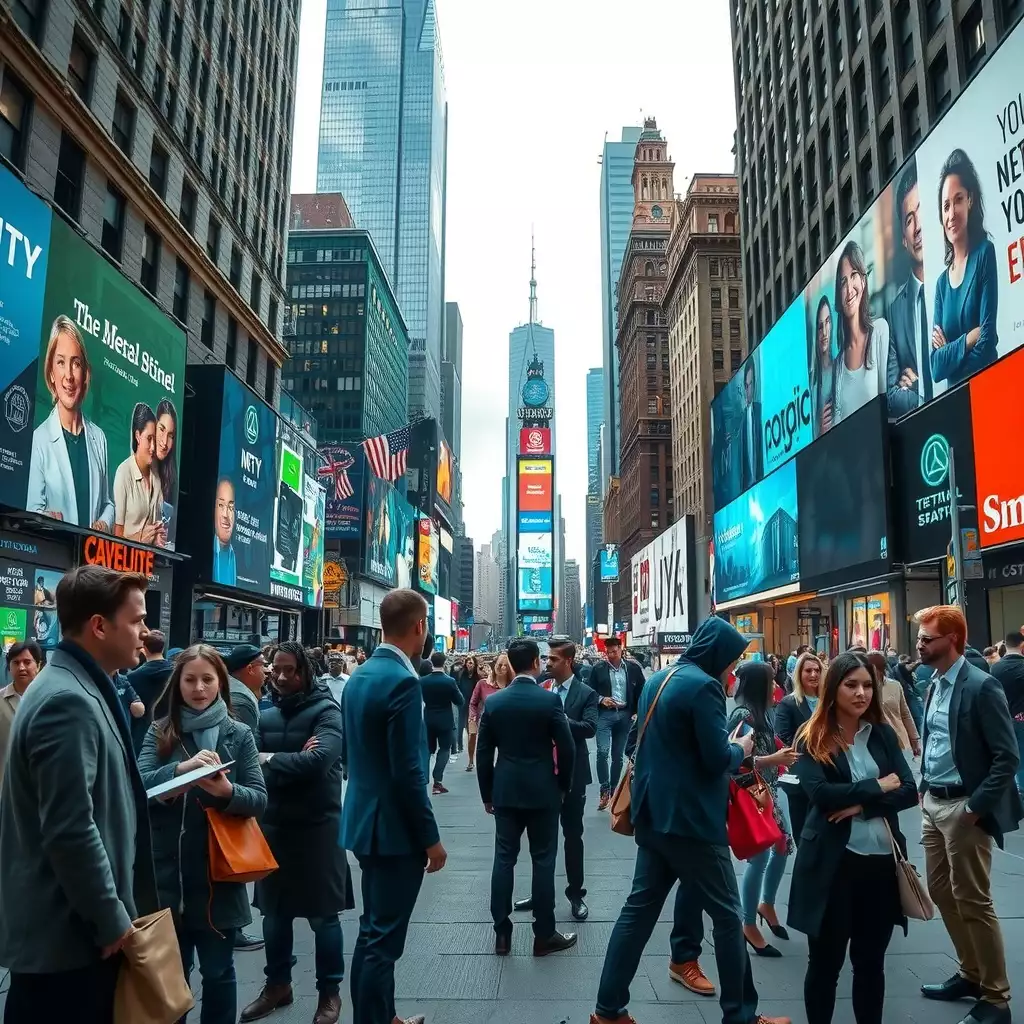 A bustling New York City street scene featuring diverse professionals engaged in discussions about technology and employment, set against iconic skyscrapers and vibrant digital billboards, reflecting the evolving job market and the interplay of innovation and regulation.