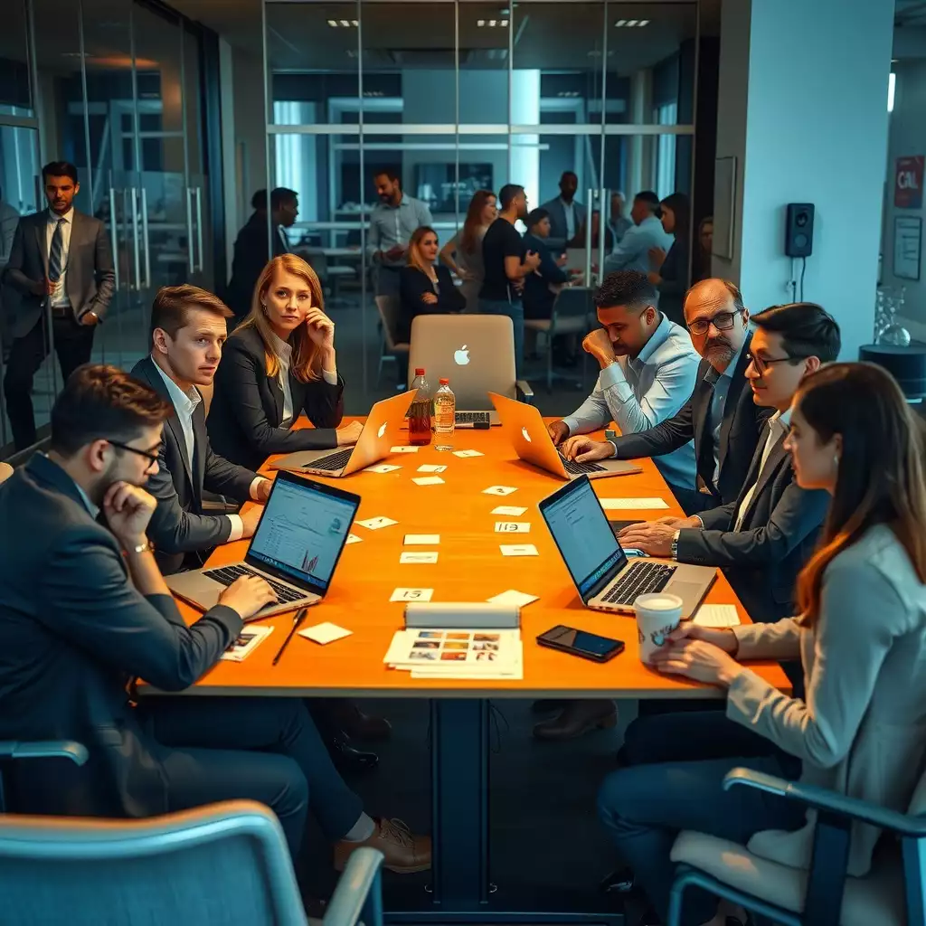A diverse group of professionals engaged in a serious discussion around a conference table, with laptops displaying salary data and post-it notes featuring salary figures. The warm lighting highlights their expressions of curiosity and concern, reflecting the complexities of pay transparency in the workplace.