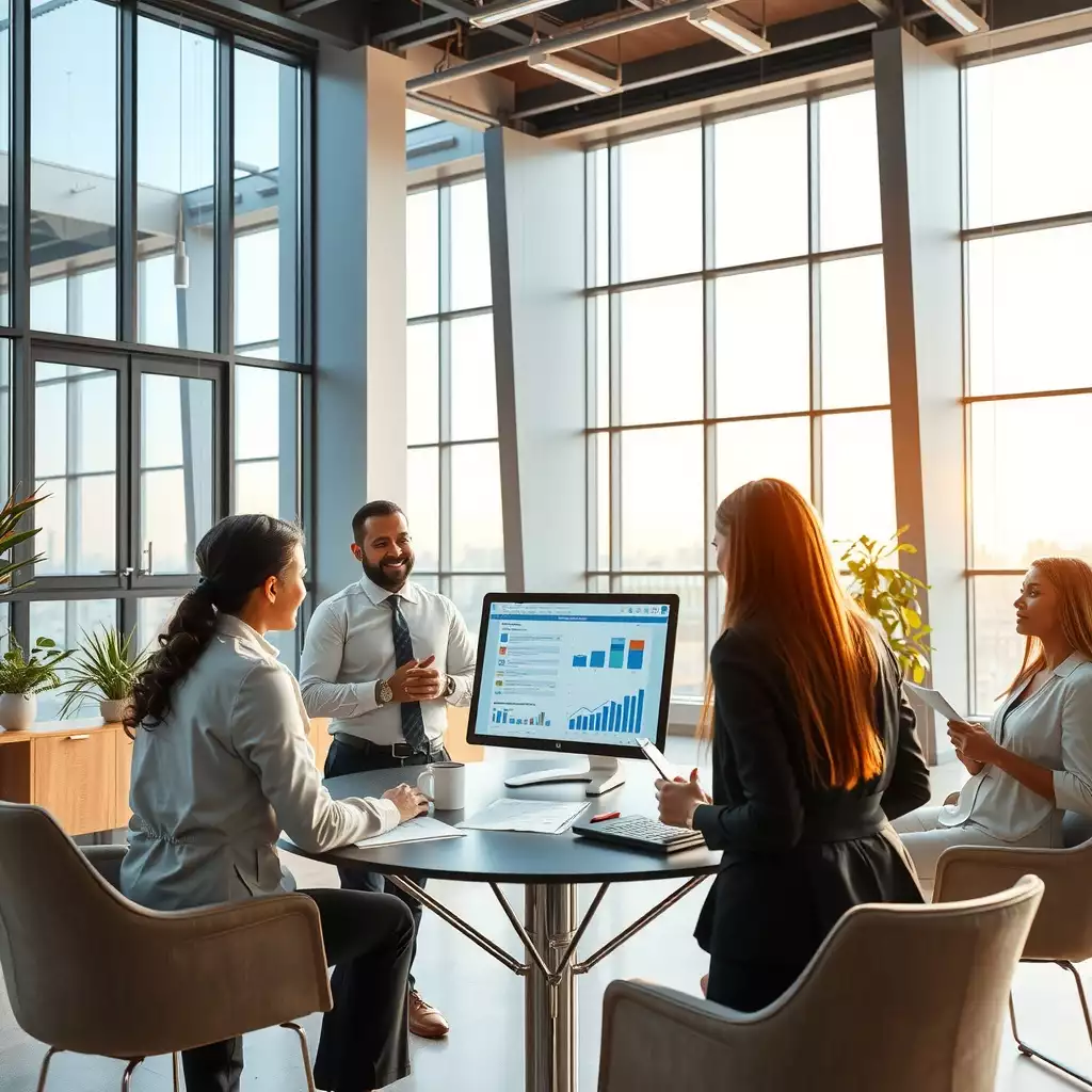A modern office setting with a diverse team of professionals engaged in a discussion about background check policies, surrounded by contemporary architecture and digital displays showcasing charts and documents.