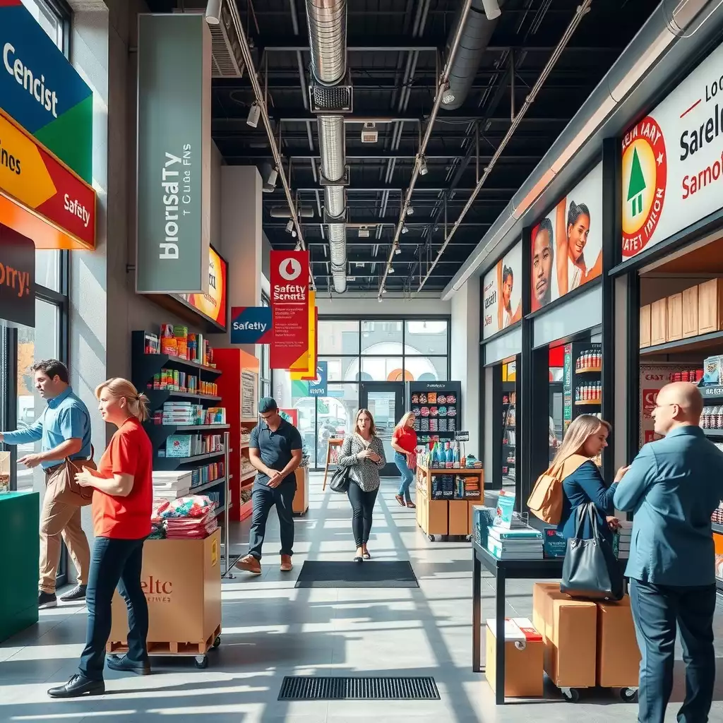 A bustling modern retail store in Brooklyn, showcasing vibrant displays and engaged employees interacting with customers, highlighting safety measures and a sense of community.