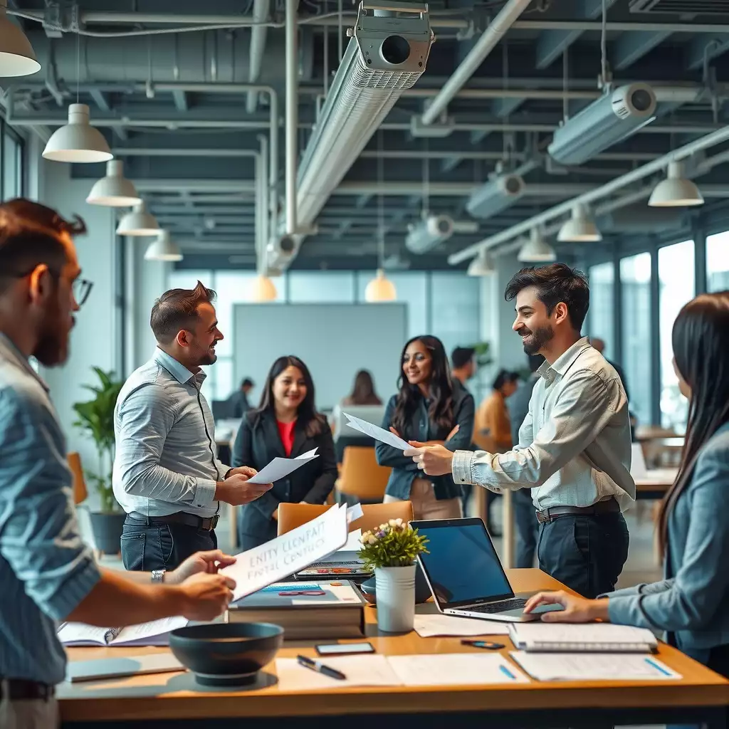 A modern office scene featuring diverse professionals engaged in discussions, surrounded by contract documents and digital devices, emphasizing collaboration and the importance of understanding staffing agency contracts.