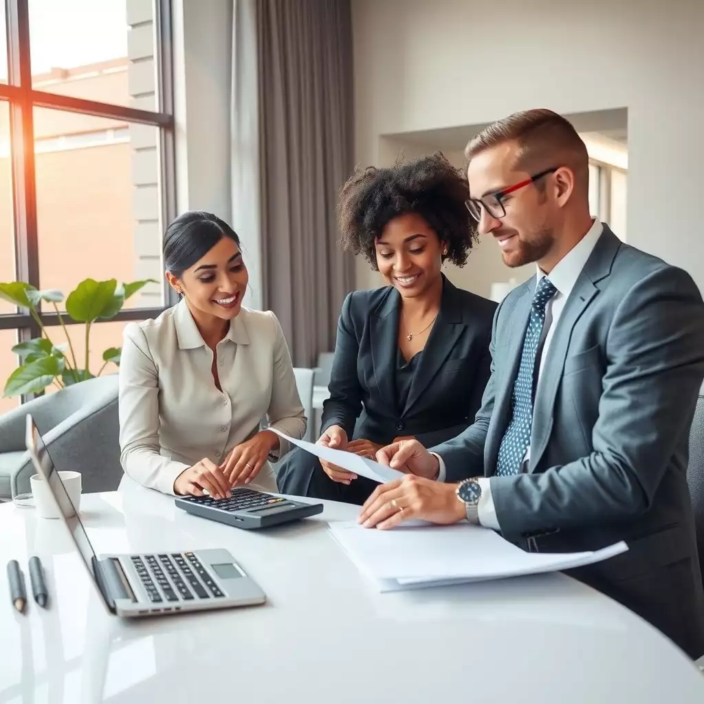 A modern office environment in Brooklyn featuring sleek furniture, large windows, and diverse professionals discussing staffing agreements with contracts and calculators on the table.