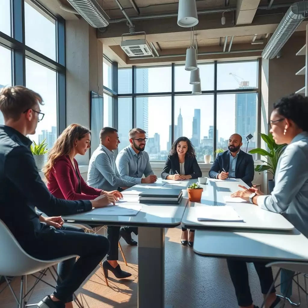 A dynamic office environment in Brooklyn, featuring diverse teams collaborating around tables with legal documents, showcasing professionalism and innovation.