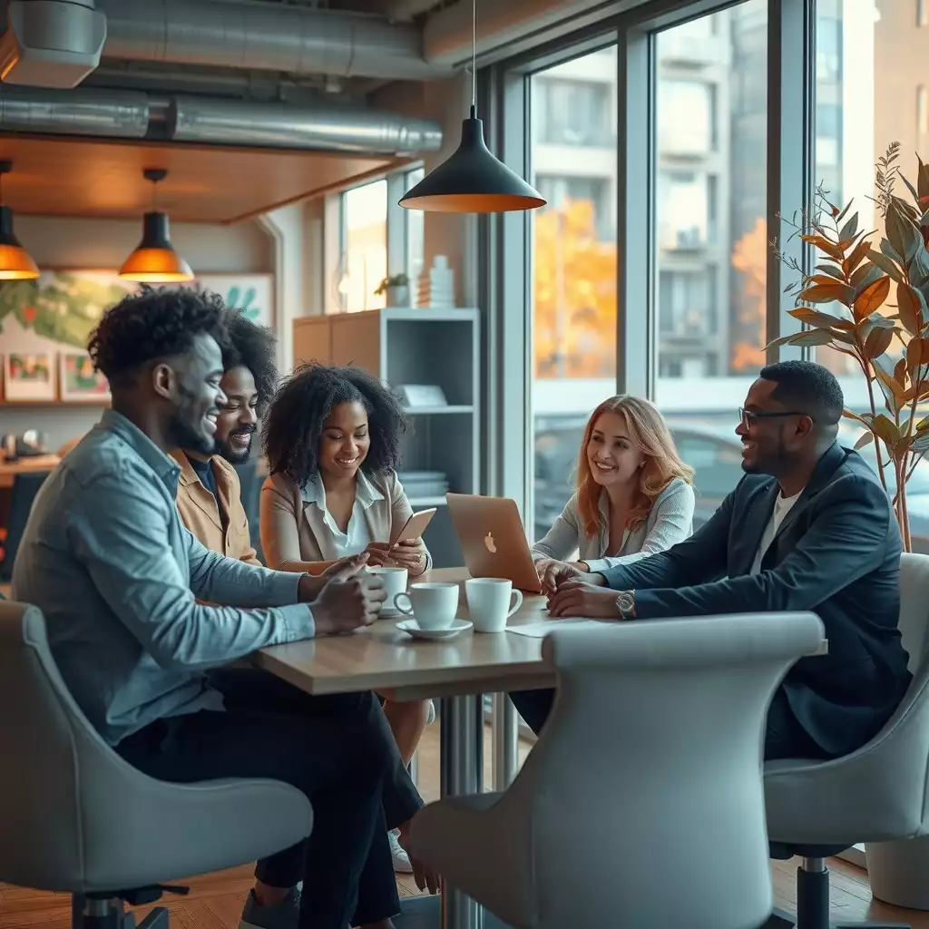 A diverse group of individuals engaged in collaborative discussions around a modern workspace, with laptops, charts, and coffee cups, reflecting innovation and community in financial decision-making.