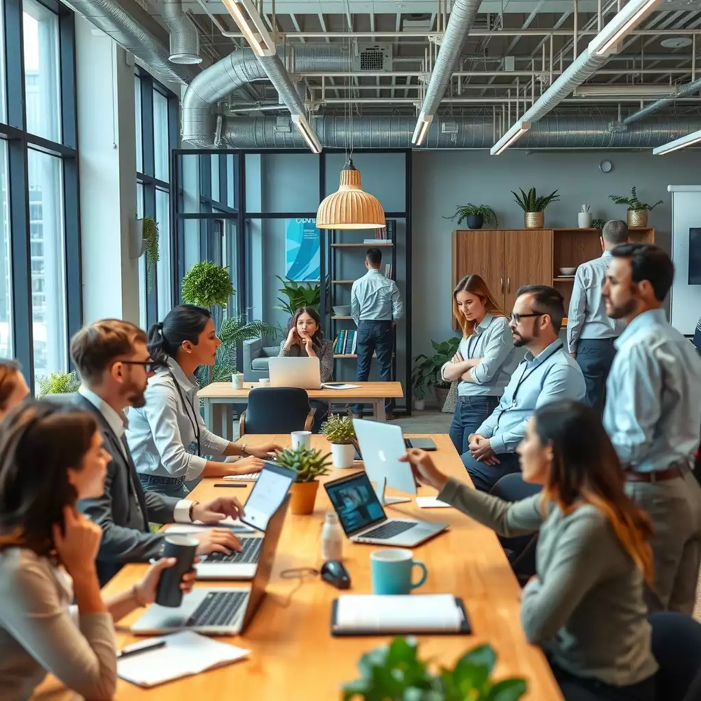 A vibrant modern office in Brooklyn, featuring diverse teams collaborating with technology, showcasing an atmosphere of teamwork and innovation.