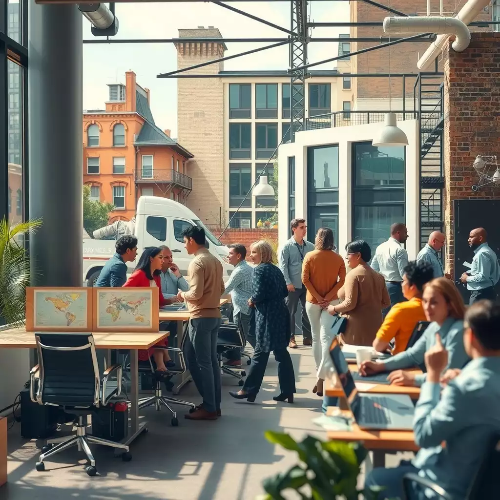A vibrant and dynamic workspace in Brooklyn, showcasing diverse professionals collaborating in a modern office setting with iconic architecture in the background, highlighting innovation and community.