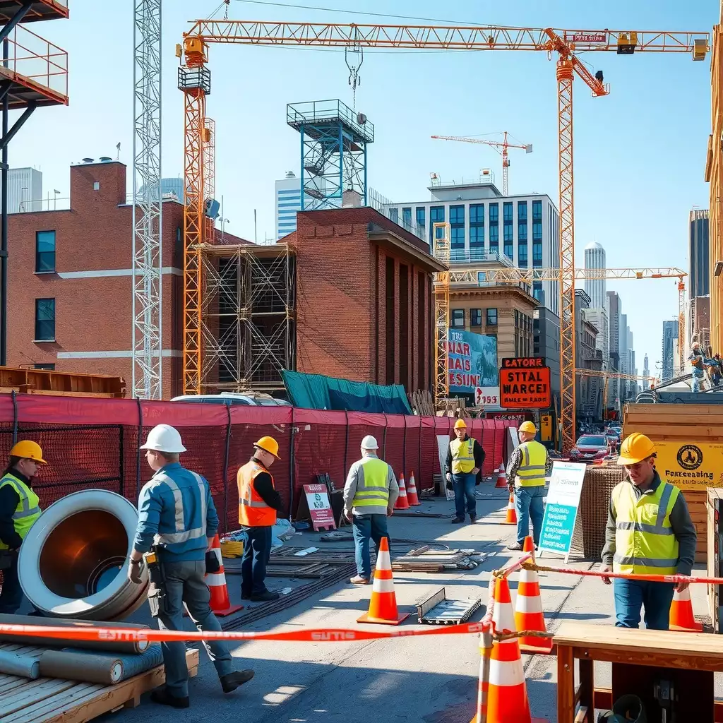 A bustling construction site in Brooklyn, featuring workers in safety gear and equipment, with a backdrop of unique architecture and safety signage.