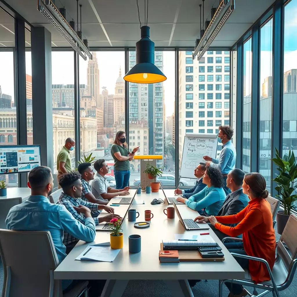 A vibrant office environment in Brooklyn featuring diverse professionals collaborating on hiring strategies, with charts and graphs displayed on screens, a whiteboard filled with ideas, and a cityscape visible through large windows.