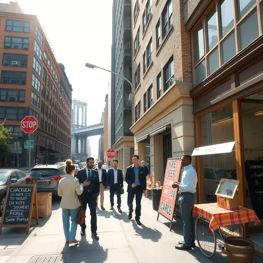 A vibrant Brooklyn business district scene featuring professionals engaged in discussions outside modern office buildings, with elements of street art, food vendors, and diverse individuals, capturing the essence of collaboration and opportunity.
