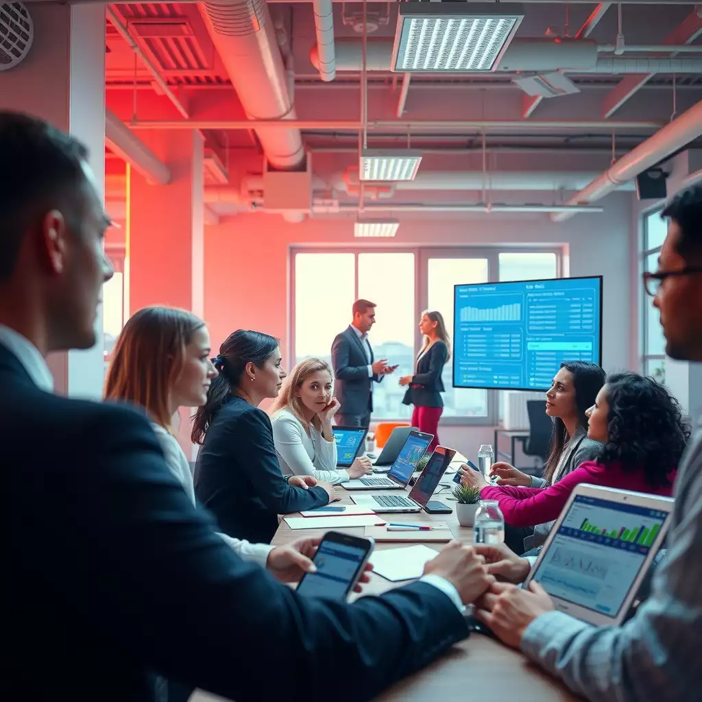A vibrant office scene showcasing diverse professionals engaged in collaborative discussions, with digital screens displaying salary data, reflecting a dynamic atmosphere of pay transparency and innovation.