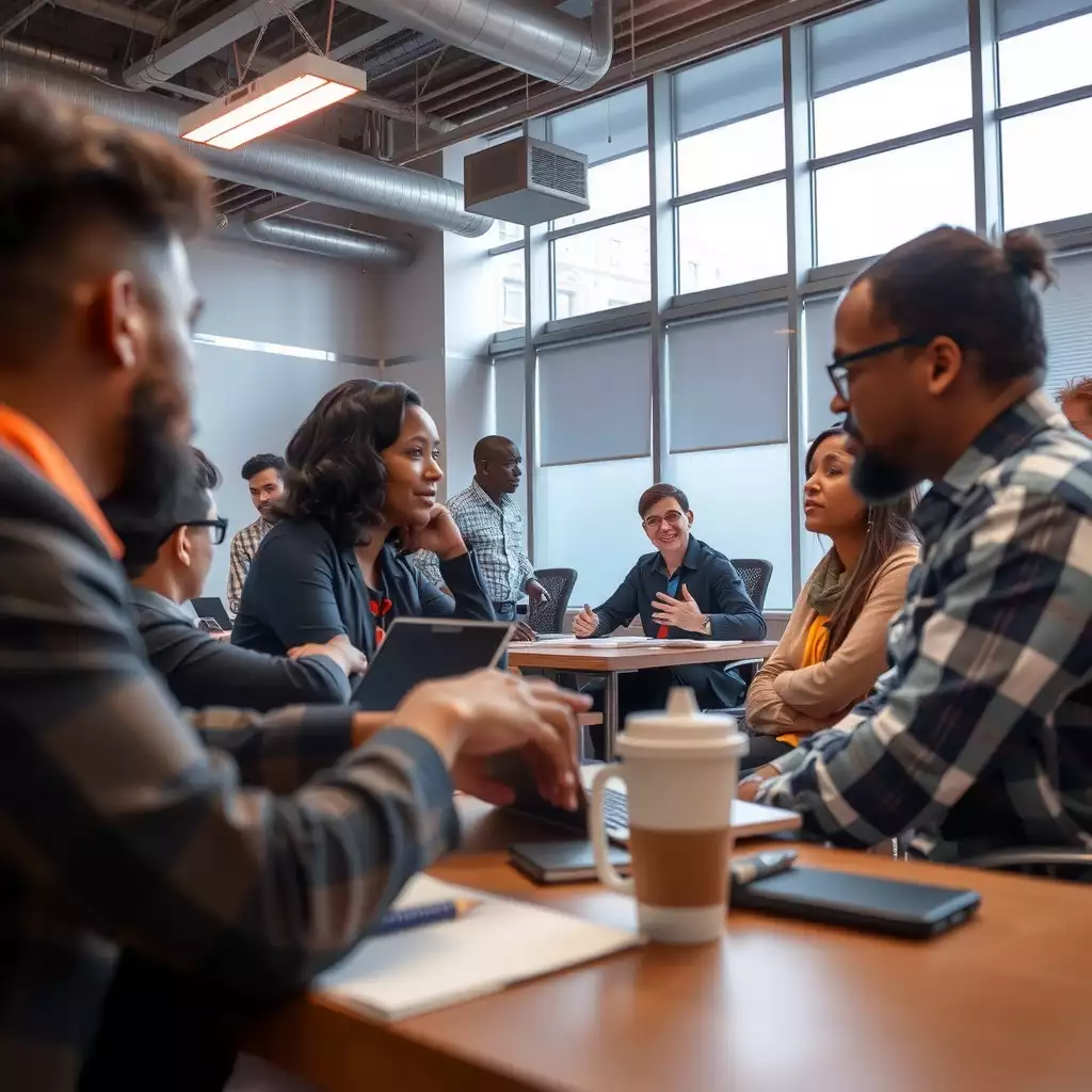 A diverse group of employees engaged in a serious violence prevention training session in a modern office, showcasing active discussions and collaborative exercises.