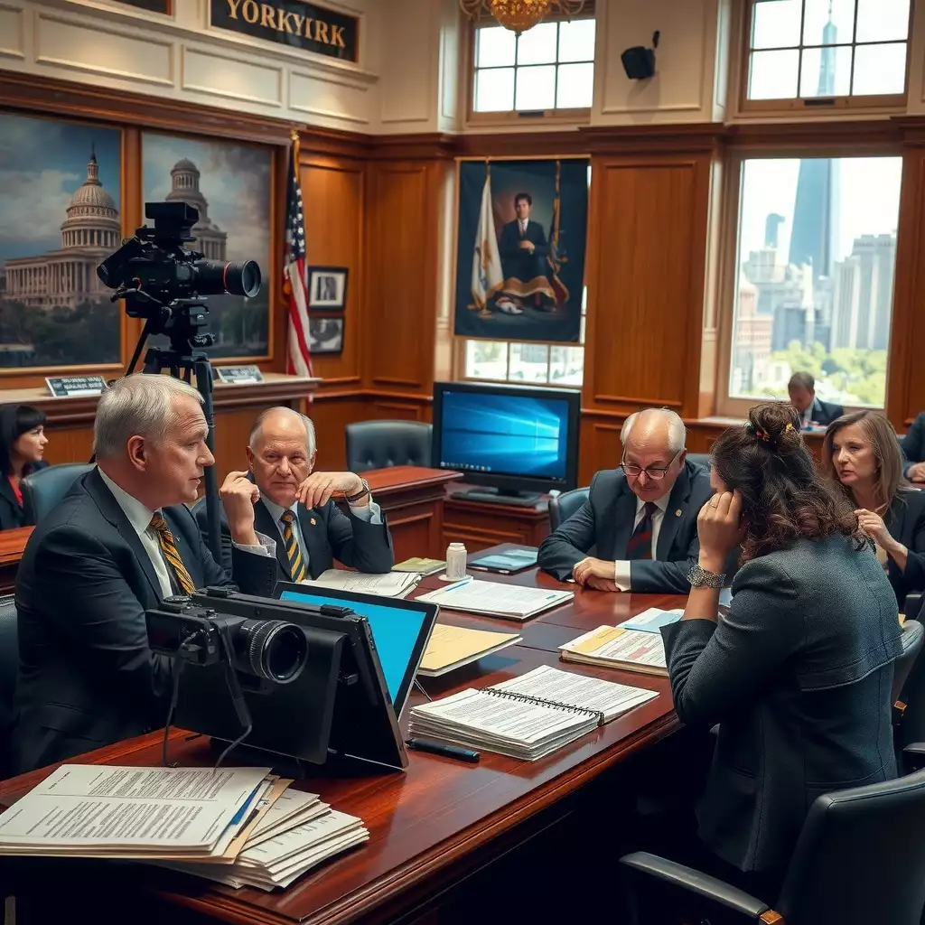 A diverse group of lawmakers engaged in discussions during a legislative meeting in a government building, with stacks of documents and digital displays visible. The setting reflects New York's political landscape, featuring architectural elements and city views through large windows.